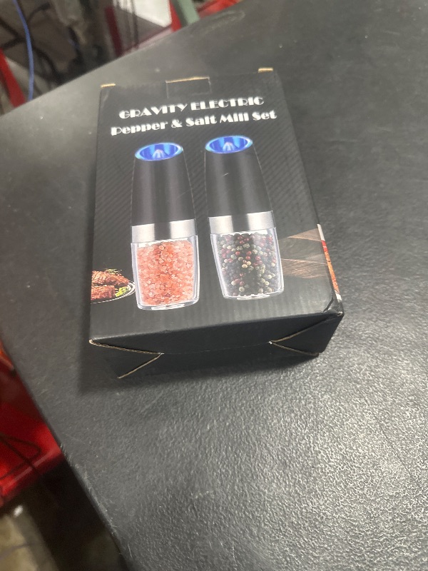 Photo 1 of Sweet Alice Gravity Electric Pepper and Salt Grinder Set, Adjustable Coarseness, Battery Powered with LED Light, One Hand Automatic Operation, Stainless Steel Black, 2 Pack