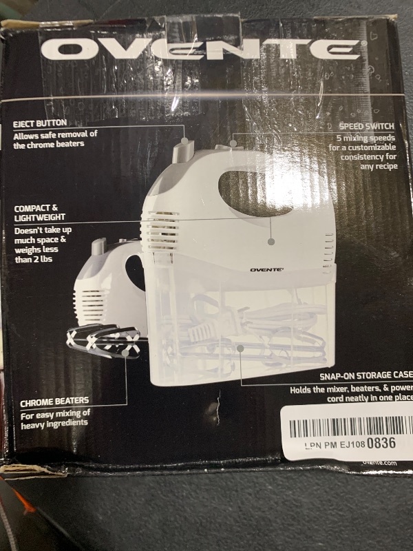 Photo 1 of OVENTE 5-Speed Electric Hand Mixer with Stainless Steel Mixing Whisk, Snap-On Storage Case, Portable & Lightweight 150W Motor, Compact Handheld Mixer for Baking, Blending or Cooking, White HM151W