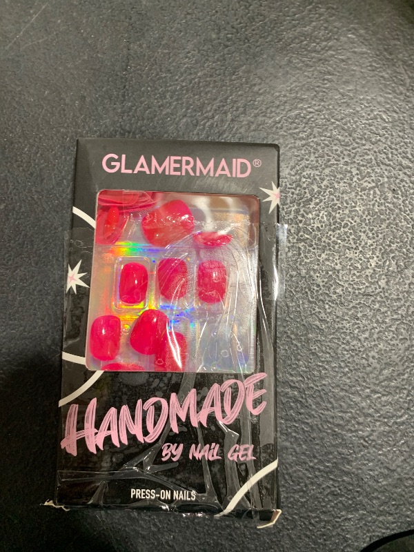 Photo 1 of GLAMERMAID Press on Nails Extra Short Squoval, Spring Summer Handmade Neon Hot Pink Jelly Gel Glue on Nails, 24Pcs Glossy Round Reusable UV Finish Fake Nails Acrylic False Nails Manicure Kit for Women