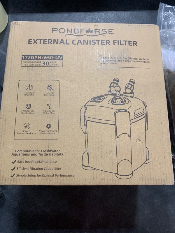 Photo 1 of PONDFORSE 172GPH Canister Filter, External Aquarium Filter Ultra-Quiet Water Circulation Cleaning Machine with Media for Fish Tanks and Aquariums Up to 30 Gallons (172GPH)