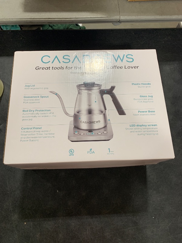 Photo 1 of CASABREWS KEG5831 Gooseneck Electric Kettle, Stainless Steel Glass with Temperature Control & Reservation Time Function, Pour Over Kettle for Coffee & Tea, Fast Boiling, Auto Shut-Off, 1200W/0.8L
