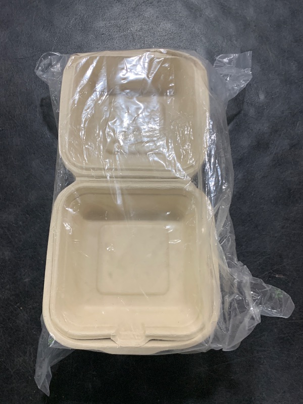 Photo 1 of [50 COUNT]Harvest Pack PFAS FREE 6 X 6" Compostable Square Hinged Container, Single Compartment Clamshell Takeout Box, Heavy-Duty Bagasse Food Container, Made from Eco-Friendly Plant Fibers