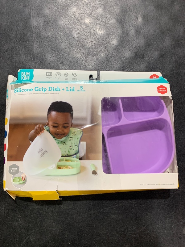 Photo 1 of Bumkins Toddler and Baby Suction Plate, Silicone Divided Grip Dish and Lid, Large 5-Section Tray for Kids, Essentials in Children Feeding Supplies, Non Skid Stick Bottom, Ages 6 Months Up, Lavender