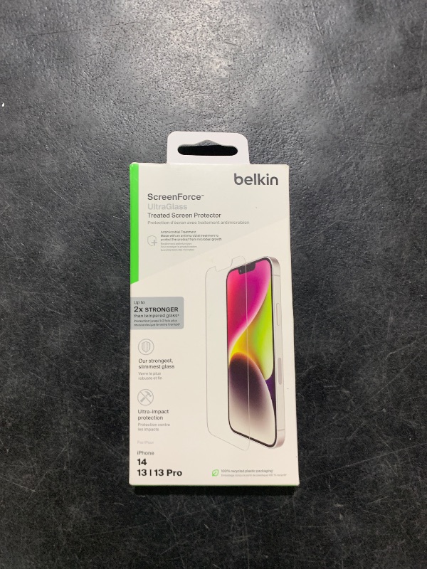 Photo 1 of Belkin UltraGlass iPhone 14, iPhone 13 Pro Screen Protector - Easy Application with Installation Guide Tray - Crystal Clear Tempered Glass Screen Protector with AntiMicrobial-Treated Display