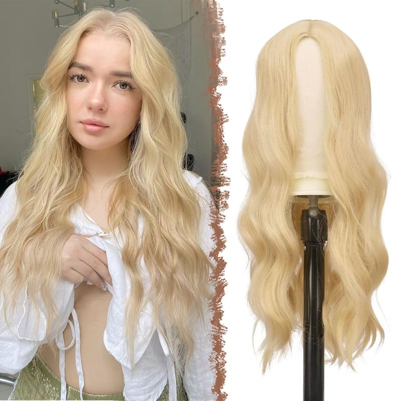 Photo 1 of FESHFEN Long Blonde Wigs for Women, 22 inch Middle Parting Synthetic Wavy Wig for Daily Party, Blonde