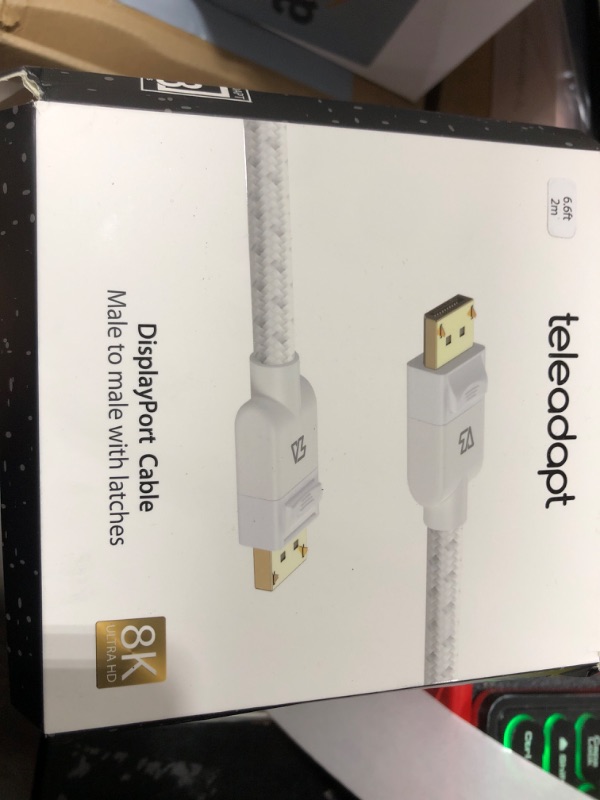 Photo 1 of TeleAdapt DisplayPort 1.4 Cotton-Braided Cable, 8K@60Hz, 5K@60Hz 4K@120Hz and HDR Support. Suitable for Laptop, PC, Projector, TV, Gaming Monitor. Black, 6.6ft (2 Metres) White