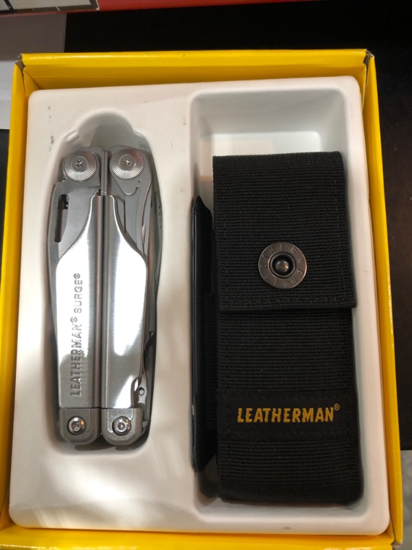 Photo 1 of LEATHERMAN Surge - Heavy-duty multipurpose multi-tool with 21 tools including full-size lockable blades, regular and needlenose pliers and wire cutters, DIY tool made in the USA, in stainless steel