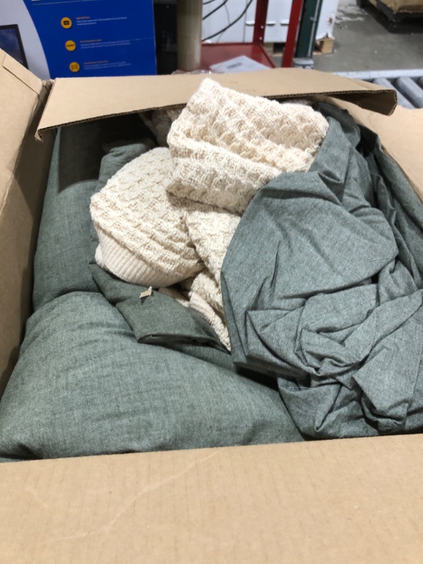 Photo 1 of Bedsure 5 PCS Cotton Comforter Set with Waffle Throw Blanket - Breathable Bedding Set for All Seasons, Olive Green Comforter King Size, Pillow Shams, Beige 100% Cotton Blanket, Throw Pillow