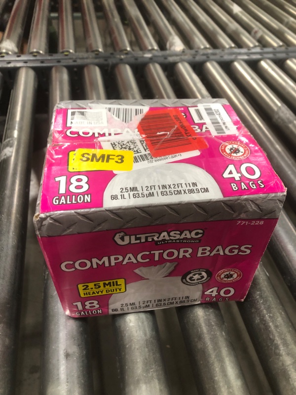Photo 1 of Ultrasac Trash Compactor Bags - (40 Pack with Ties) 18 Gallon for 15 inch Compactors - 25" x 35" Heavy Duty 2.5 MIL Garbage Disposal Bags Compatible with Kitchenaid Kenmore Whirlpool GE Gladiator
