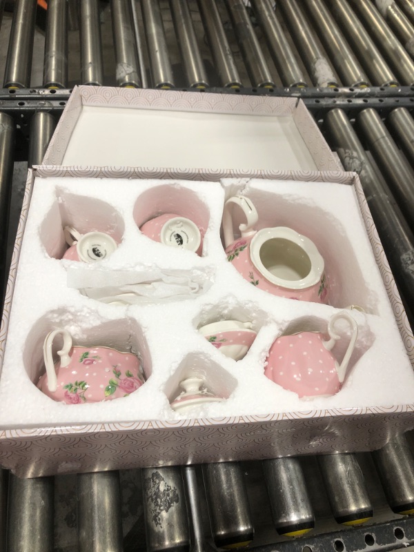 Photo 1 of BTaT- Floral Tea Sets for Adults, 13 pcs, Service for 4, Pot (38 oz) & Cups (8 oz) with Saucers, Pastel Pink Floral Design with Gift Box, Porcelain Tea Set for Adult, Mother's Day Gift