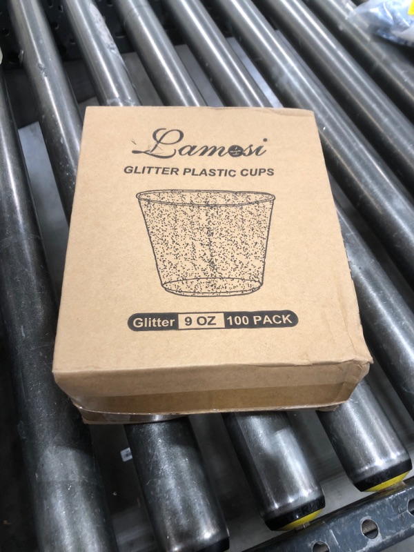 Photo 1 of Lamosi 100 Pack 9 oz Gold Plastic Cups, Disposable Gold Glitter Plastic Cups, Fancy Clear Plastic Cocktail Cups for Wedding, Thanksgiving, Christmas, Parties