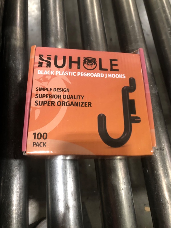 Photo 1 of HUHOLE Pegboard Plastic Hooks 100pc - Black Peg Board Hooks for Hanging Jewelry, Tools, Hardware, Peg J Hook Only Fits 1/4" Pegboard - Durable Pegboard Hooks for Organized Display