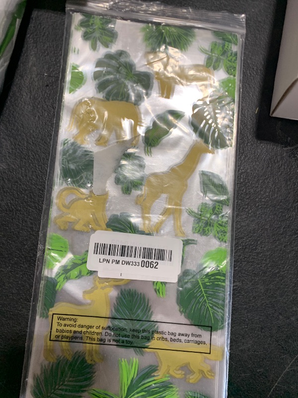 Photo 1 of 100 Pieces Jungle Animal Cellophane Treat Bags, Green Gold Safari Animal Palm Leaves Plastic Candy Goodie Bags with 100 Gold Twist Ties for Wild One Safari Baby Shower Birthday Party Favors