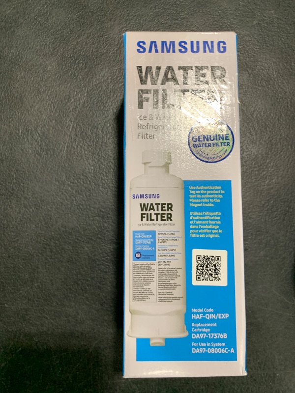 Photo 1 of SAMSUNG Genuine Filter for Refrigerator Water and Ice, Carbon Block Filtration, Reduces 99% of Harmful Contaminants for Clean, Clear Drinking Water, 6-Month Life, HAF-QIN/EXP, 1 Pack
