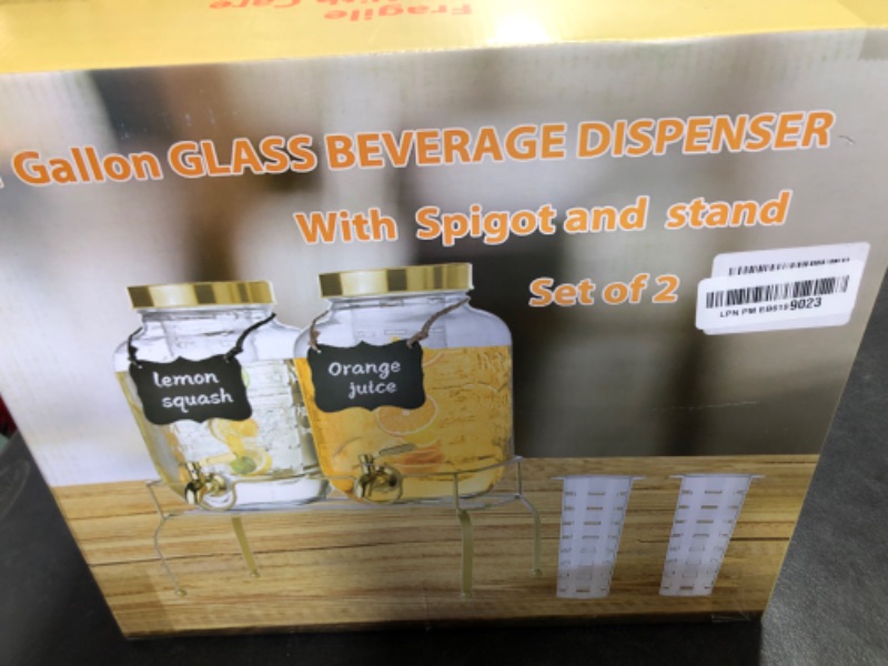 Photo 1 of 1 Gallon Glass Drink Dispenser Set of 2 – Drink Dispensers for Parties, Beverage Dispenser with Stand & 100% Leakproof Spigot, Ideal for Lemonade, Juice, Iced Tea, Laundry Detergent Dispenser