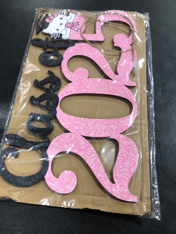 Photo 1 of Hello Kity Pink Graduation Decorations 2025 Wooden Sign Class of 2025 Decorations Photo Booth Props Glitter Pink Graduation Decor Door Sign for Grad Party Supplies