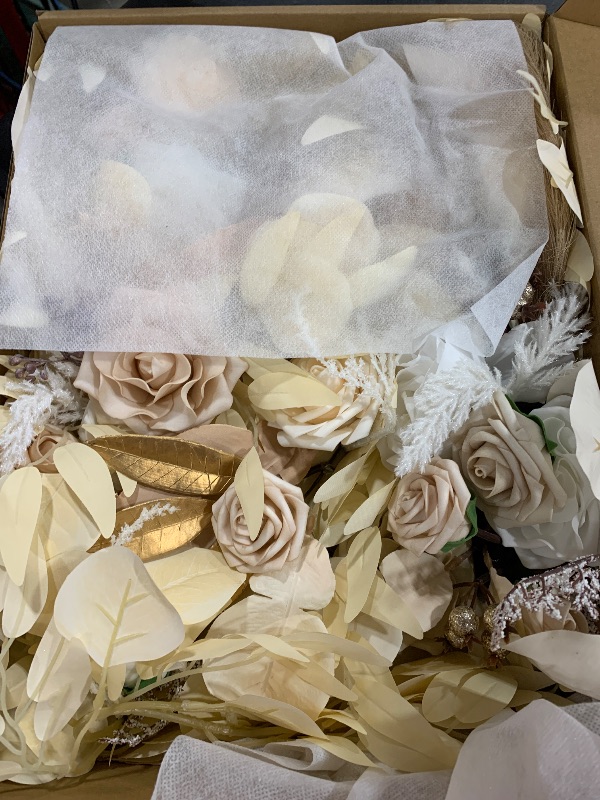 Photo 1 of Ling's Moment 9FT Flower Garland for Backdrop Decorations - Wedding Arch Flowers, Eucalyptus & Rose, Artificial Floral Garland for Mantel - Sweetheart Table Decor for Ceremony Reception, White & Beige