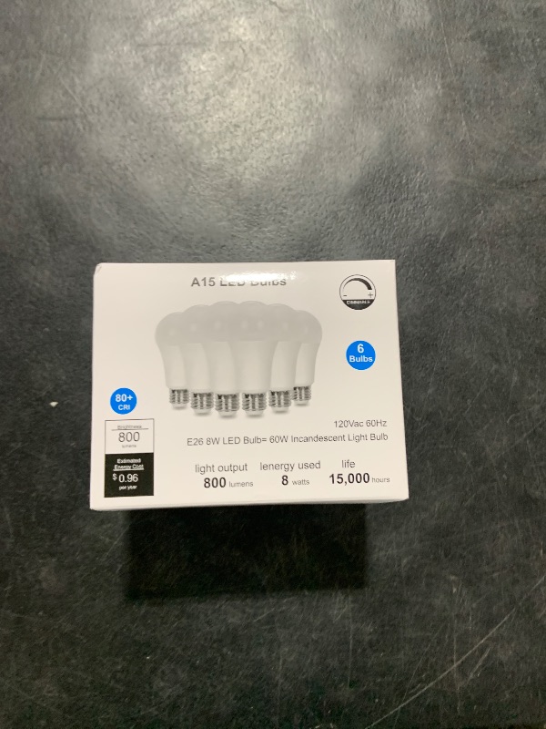 Photo 1 of GEPLAD 6 Pack A15 Light Bulb Dimmable 60W Equivalent, 8W LED Waterproof Refrigerator Bulbs,5000K Daylight, 800 LM, E26 Medium Base,for Indoor and Outdoor, Ceiling Fan, Wall sconces,Appliance Bulb