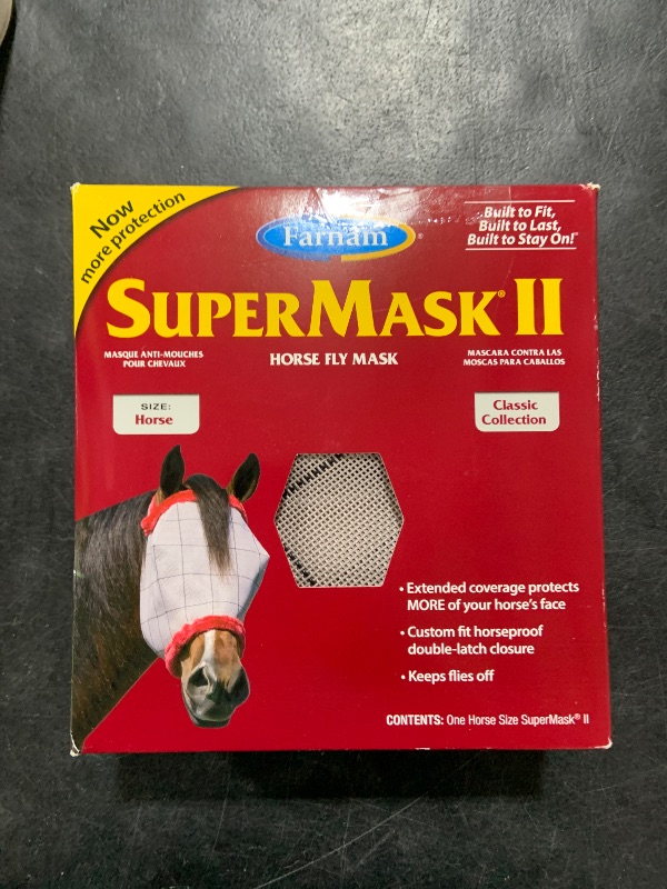 Photo 1 of SuperMask II Fly Mask Without Ears for Average Size Horses, Full Face Coverage and Eye Protection from Insect Pests, Structured Classic Styling Mesh with Plush Trim, Horse Size
