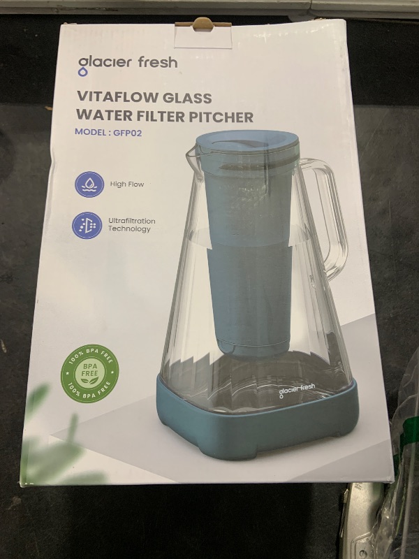 Photo 1 of GLACIER FRESH 10 Cup Purela Glass Water Pitcher with 1.6X Flow Rate Upgraded Ultrafiltration Membrane and Activated Carbon Filter, Reduces 99% Chlorine, PFOA&PFOS, Coliforms, White