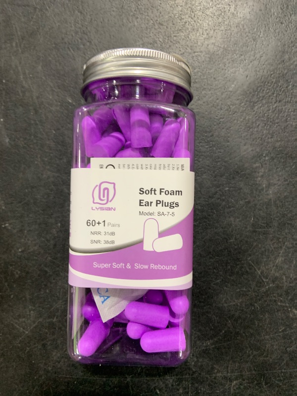 Photo 1 of LYSIAN Ultra Soft Foam Earplugs Sleep - 38dB SNR Noise Cancelling Ear Plugs for Sleeping, Shooting, Snoring, Work Loud Sound Reduction- 60 Pairs Valued Pack,Purple