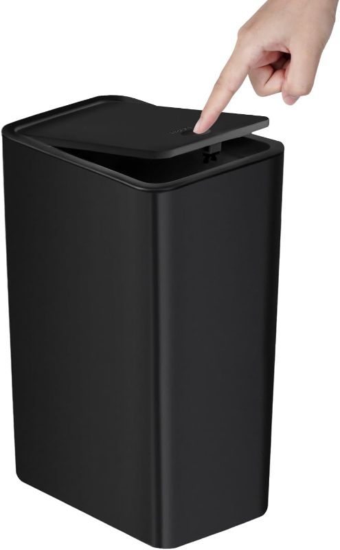 Photo 1 of (USED/FAIR) TIPGO Bathroom Trash Can with Lid, 10 Liter/ 2.6 Gallon Slim Garbage Can, Small Trash Bin Waste Basket with Pop-Up Lid for Kitchen, Bedroom, Living Room, Office (Black)
