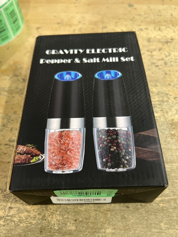 Photo 1 of Sweet Alice Gravity Electric Pepper and Salt Grinder Set, Adjustable Coarseness, Battery Powered with LED Light, One Hand Automatic Operation, Stainless Steel Black, 2 Pack