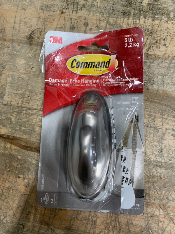 Photo 1 of 3M Command 17053BN Traditional Plastic Hook, Large, Brushed Nickel