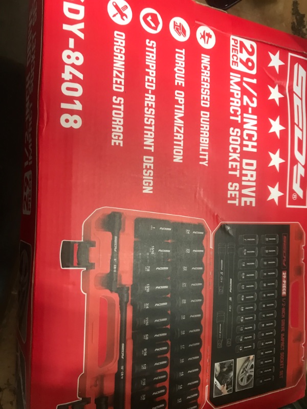 Photo 1 of 29-Piece 1/2" Drive Impact Socket Set, SAE (3/8 to 1 inch) and Metric (10-24mm) Sizes with Extension Bars Standard Deep Socket Set CR-V Material High Durability Impact Wrench