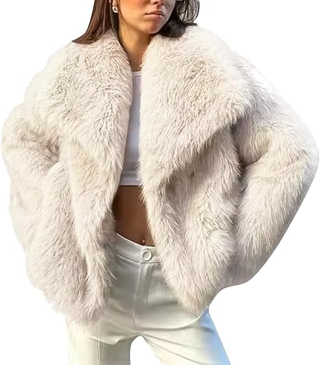 Photo 1 of  Women's Faux Fur Coat Fluffy Faux Fur Jacket Long Sleeve Lapel Furry Winter Jackets Shaggy Parka Short Coat