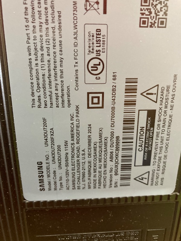 Photo 1 of **SMASHED SCREEN FINAL SALE**Samsung 43-Inch Class Crystal UHD 4K DU7200 Series HDR Smart TV w/Object Tracking Sound Lite, PurColor, Motion Xcelerator, Mega Contrast, Q-Symphony (UN43DU7200, 2024 Model)