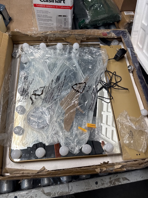 Photo 1 of (PARTS) (MISSING ACCESSORIES) Keonjinn Gold Vanity Mirror with Lights, 15 Replaceable Bulbs Hollywood Makeup Mirror with 2 Replacement Bulbs, 3 Color Lights, Aluminum Metal Frame, USB Charging Port, 23" x 18" Large Lighted Mirror
