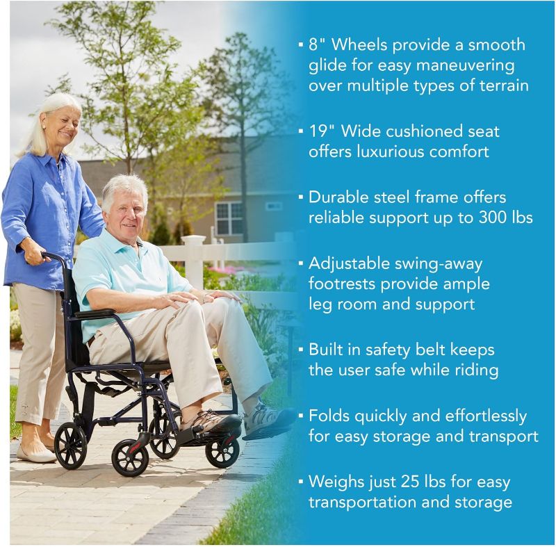 Photo 1 of (USED/FAIR) Carex Transport Wheelchair With 19 inch Seat, Folding Transport Chair with Foot Rests, Foldable Lightweight Wheelchair Foldable for Storage and Travel
