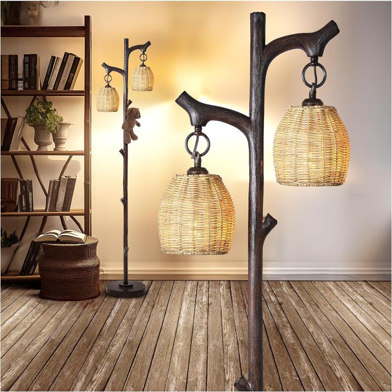 Photo 1 of 68" High Farmhouse Rustic Country Cottage Floor Lamp Tree Trunk Faux Wood Column Dark Bronze Wicker Drum Shade Decor for Living Room Bedroom Reading Room