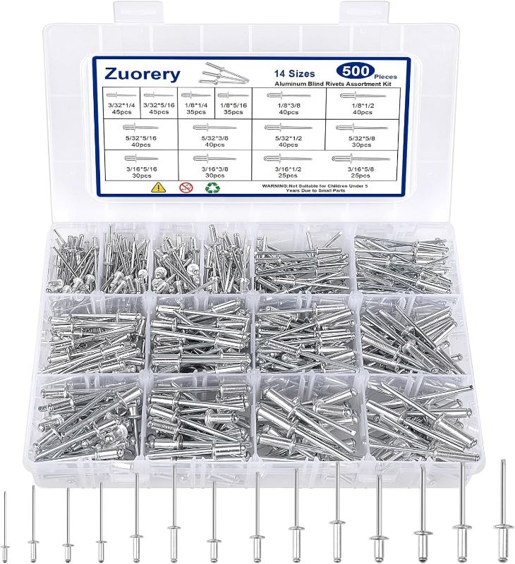 Photo 1 of 500pcs Pop Rivets Assortment Kit, 14 Sizes Aluminum Blind Rivets (3/32" 1/8" 5/32" 3/16") Assorted Blind Rivets