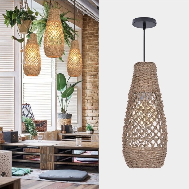 Photo 1 of 1 Light Boho Rattan Pendant Light Fixtures, Mini Farmhouse Natural Chandelier Pendant Light, Retro Wicker Hanging Lamp for Kitchen Island