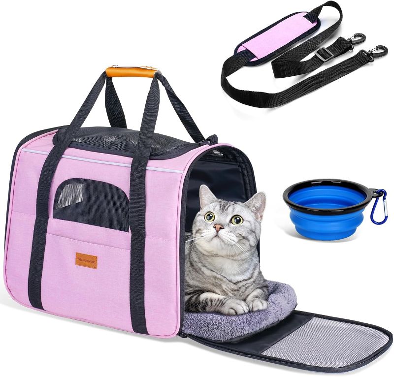Photo 1 of ***SEE NOTES***Morpilot Portable Cat Carrier - Soft Sided Cat Carrier for Medium Cats and Puppy up to 15lbs, Pet Carrier with Locking Safety Zippers, Foldable Bowl, Airline Approved Travel Dog Carrier - Pink
