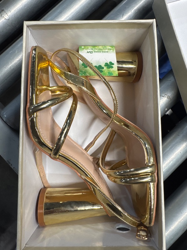 Photo 1 of (USED/FAIR) (SIZE 8) RIBONGZ Gold Prom Heels for Women Strappy High Block Heels Square Open Toe Ankle Strap Sexy Chunky Heeled Sandals Wedding Bridal Shoes High Heel Sandals for Party Dress 8