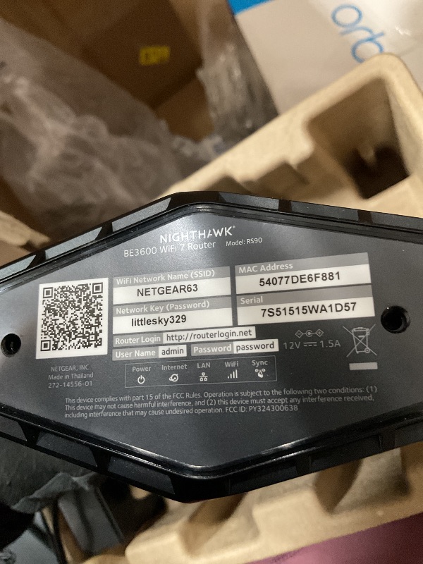 Photo 1 of *unable to tested* NETGEAR Nighthawk Dual-Band WiFi 7 Router (RS90) – Security Features, BE3600 Wireless Speed (up to 3.6 Gbps) - Covers up to 2,000 sq. ft., 50 Devices – 2.5 Gig Internet Port