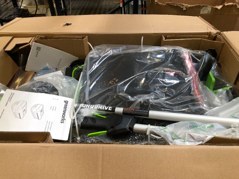 Photo 1 of Greenworks 80V 21” Brushless (Push) Cordless Electric Lawn Mower + (500 CFM) Axial Leaf Blower + 13” String Trimmer (75+ Compatible Tools), (2) 2.0Ah Batteries and 30 Minute Rapid Charger