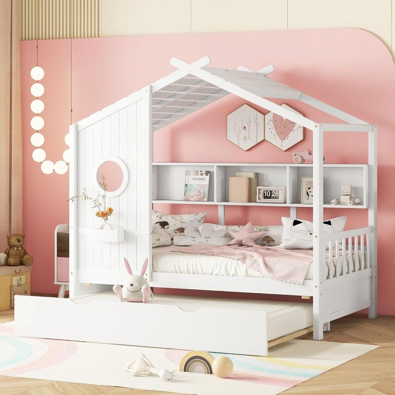 Photo 1 of Twin Size House Bed with Trundle, Wooden Daybed Frame with Roof/Window/Guardrail and Storage Shelf for Kids, Teens Boys or Girls (White, Twin)