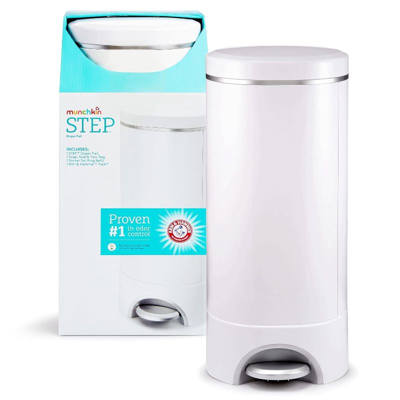 Photo 1 of Munchkin® STEP™ Diaper Pail Powered by Arm & Hammer, #1 in Odor Control, Award-Winning, Includes 1 Snap, Seal & Toss™ Bag, 1 Starter Refill Ring, and 1 PUCK™ Baking Soda Cartridge