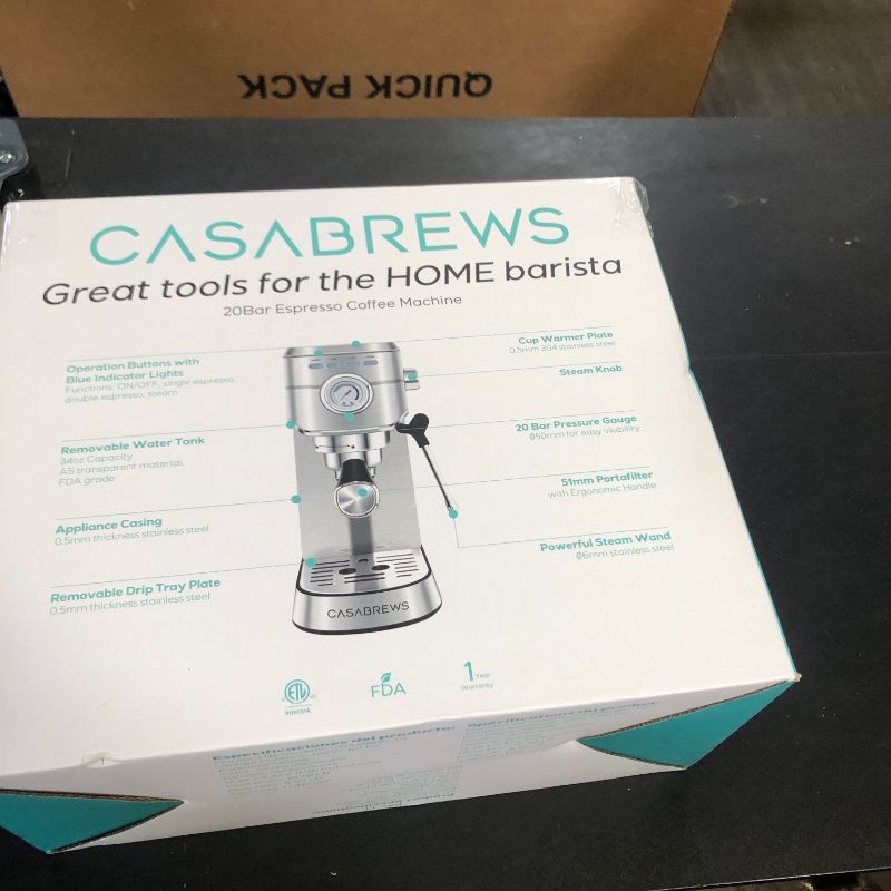 Photo 1 of CASABREWS CM5418 Espresso Machine 20 Bar, Compact Espresso Maker with Steam Milk Frother, Stainless Steel Coffee Machine with 34oz Removable Water Tank for Cappuccino, Latte, Silver