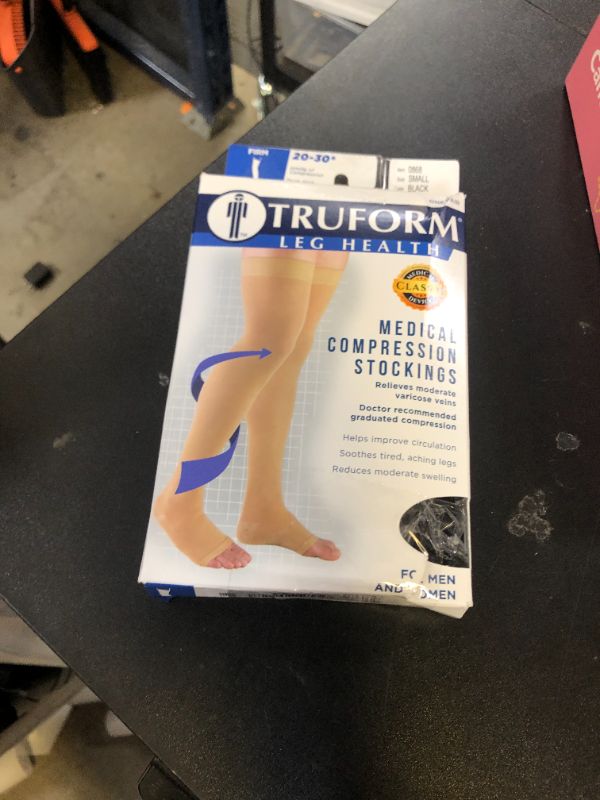 Photo 1 of Truform 20-30 mmHg Compression Stockings for Men and Women, Thigh High Length, Dot-Top, Open Toe, Black, Small