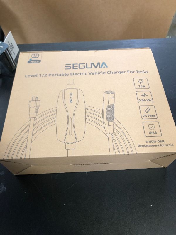 Photo 1 of SEGUMA Level 1/2 Tesla Charger, 16A, 25ft Extension Cable, Dual Voltage 240V NEMA 6-20 Plug & 120V NEMA 5-15 Adapter, NACS Connector, Portable Home Electric Car EV Charger for Tesla Models Y/X/3/S