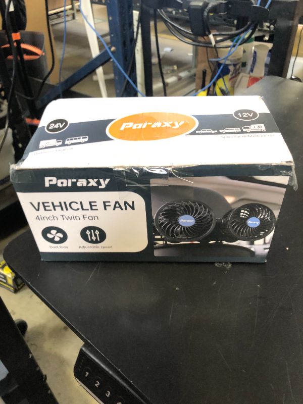 Photo 1 of Poraxy Car Fan, Dual Head Car Fans for Backseat for Kids, Headrest 360 Degree Rotatable Back Seat Stepless Speed Vehicles Rear Seat 12V Cooling Air Fan for Sedan SUV RV