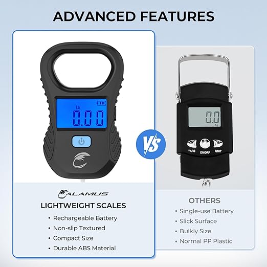 Photo 1 of Calamus Lightweight Fish Scale, Rechargeable Digital Scale with USB Cable, 55lb Capacity, Multi-Units Pound/Ounces & Kilograms, High Accuracy, Backlight LCD Display, Fishing Gifts for Men