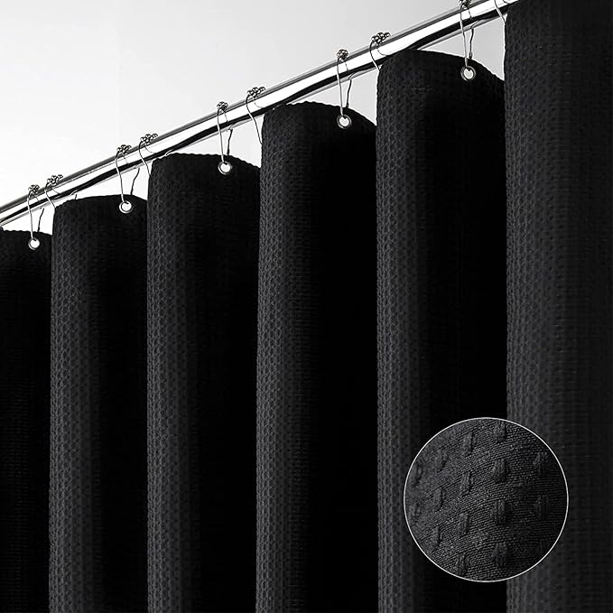Photo 1 of Dynamene Black Fabric Shower Curtain - Waffle Textured Heavy Duty Cloth Curtains for Bathroom, 256GSM Hotel Spa Luxury Weighted Polyester Bath Curtain Set with 12 Plastic Hooks(72Wx72H, Black)