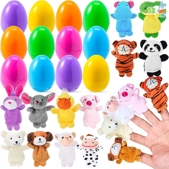 Photo 1 of JOYIN 12pcs Prefilled Easter Eggs with Toys, Plastic Eggs with Finger Puppets, Basket Stuffers for Toddlers & Babies, Easter Theme Party Favors