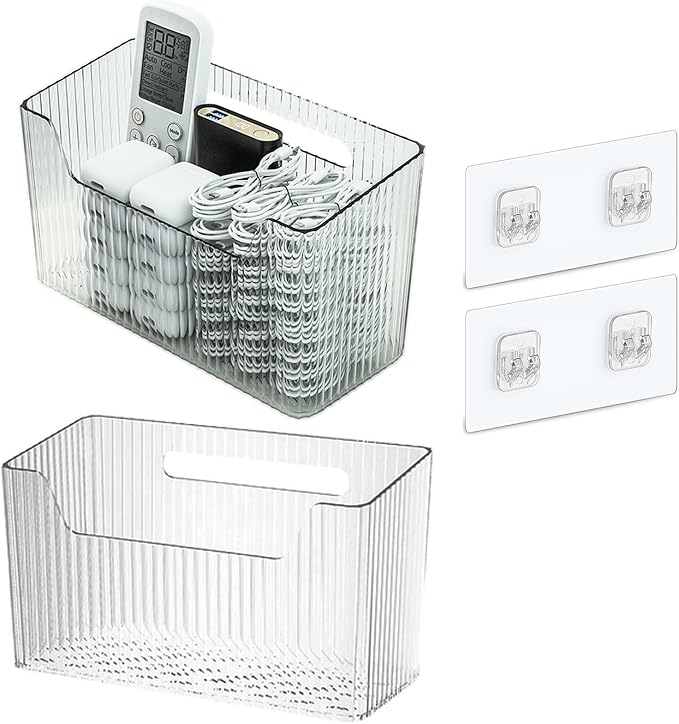 Photo 1 of Set Of 2 Storage Organizer Bins Wall Mounted Shower Basket, Shower Caddy Stackable Clear Plastic Makeup Organizer Adhesive Hanging Bin for Bathroom, Kitchen, Cabinet, Pantry, BPA Free, Large, Clear